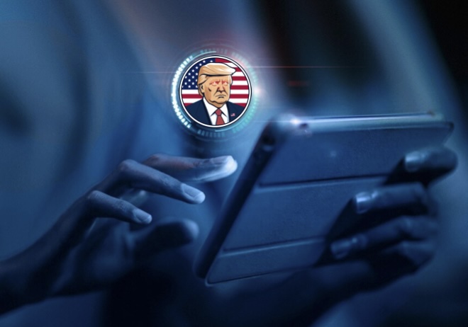 hands holding tablet with a trump coin