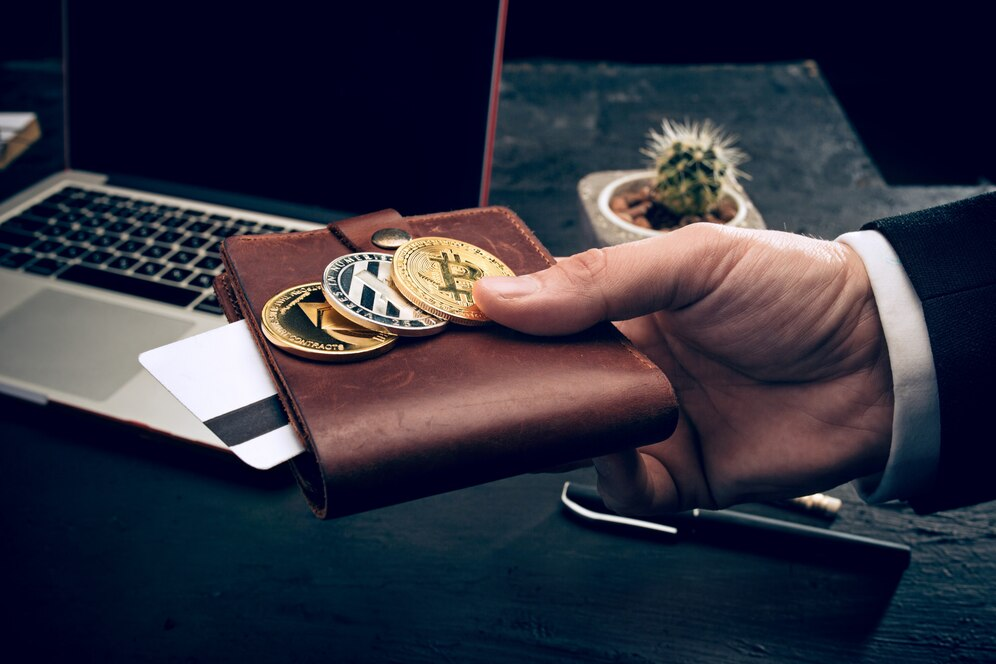 Hand holding a wallet with crypto coins